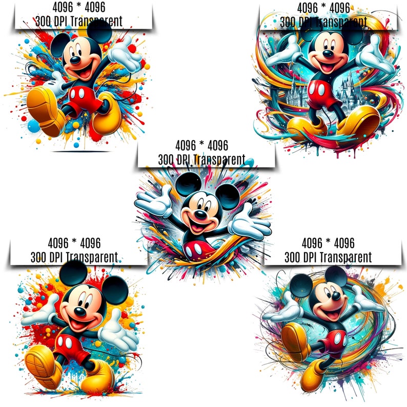 May include: Four digital illustrations of Mickey Mouse in different poses with colorful paint splatters and streaks behind him. The images are 4096 x 4096 pixels and 300 DPI.