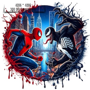 May include: A digital illustration of Spider-Man and Venom facing each other in a city setting. Spider-Man is red and blue, while Venom is black with a white symbol on his chest. The background is a cityscape with a river and a bridge.