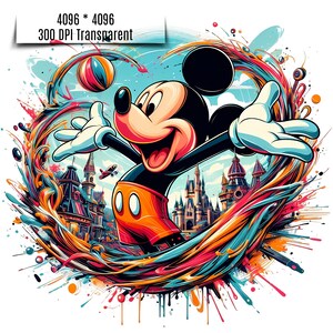 May include: Mickey Mouse, in a red and yellow outfit, is throwing a colorful ball in the air. He is surrounded by colorful paint splatters and a background of a cartoon cityscape.