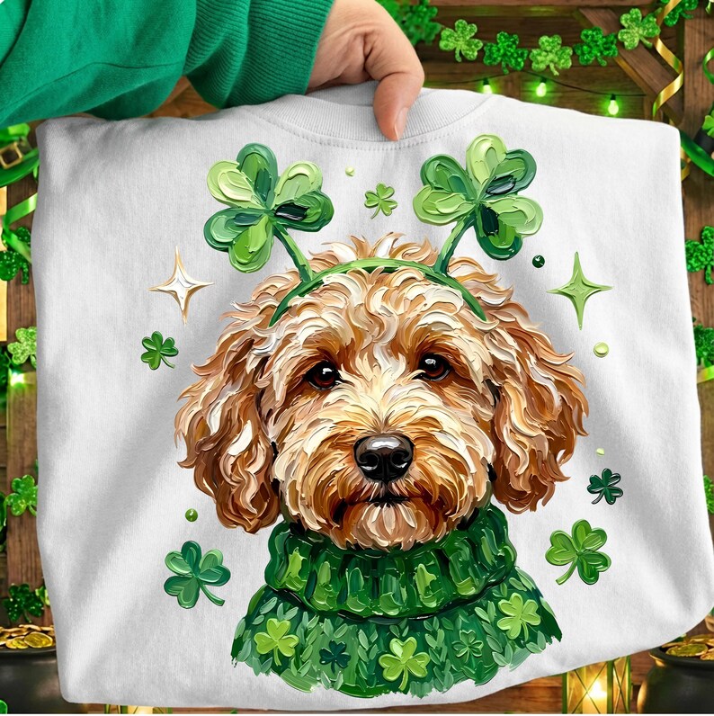 St Patricks Goldendoodle Dog Png, Lucky Shamrock Clover Dog Png, Green Patricks Doodle Png, Irish Clover Pup Png, St Pattys Lucky Dog Png image 2