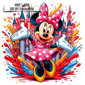 Puede incluir: Ilustraci&oacute;n vibrante de Minnie Mouse con vestido y lazo rosa con lunares, guantes blancos y zapatos amarillos. Est&aacute; situada frente a un castillo y salpicaduras de pintura coloridas. Incluye el texto "4096 * 4096 300 DPI Transparent".