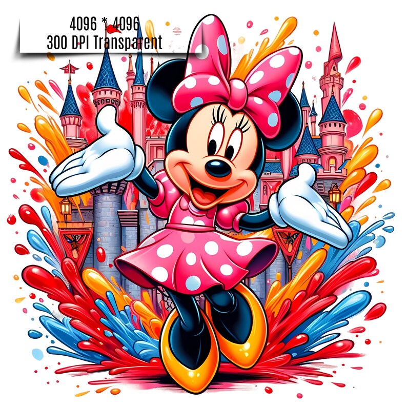 Puede incluir: Ilustraci&oacute;n vibrante de Minnie Mouse con vestido y lazo rosa con lunares, guantes blancos y zapatos amarillos. Est&aacute; situada frente a un castillo y salpicaduras de pintura coloridas. Incluye el texto "4096 * 4096 300 DPI Transparent".