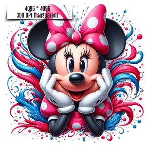 Puede incluir: Ilustraci&oacute;n digital de Minnie Mouse, con un lazo y un vestido de lunares rosas. Sus manos est&aacute;n bajo su barbilla y est&aacute; rodeada de remolinos art&iacute;sticos rojos y azules. La imagen incluye el texto "4096 * 4096 300 DPI Transparent".