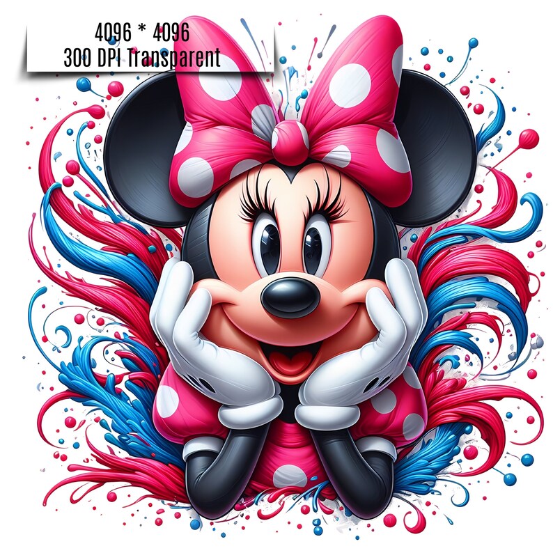 Puede incluir: Ilustraci&oacute;n digital de Minnie Mouse, con un lazo y un vestido de lunares rosas. Sus manos est&aacute;n bajo su barbilla y est&aacute; rodeada de remolinos art&iacute;sticos rojos y azules. La imagen incluye el texto "4096 * 4096 300 DPI Transparent".
