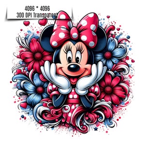 Puede incluir: Ilustraci&oacute;n colorida de Minnie Mouse con lazo y vestido de lunares rojos, rodeada de flores y corazones rojos y azules. La imagen tiene un fondo transparente e incluye el texto "4096 * 4096 300 DPI Transparent".