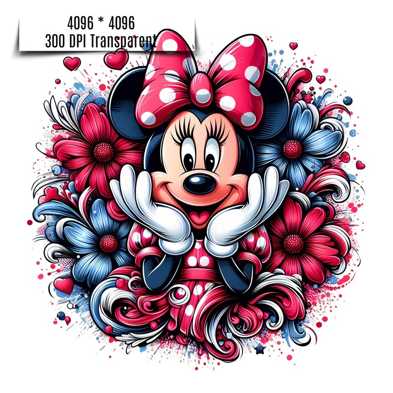 Puede incluir: Ilustraci&oacute;n colorida de Minnie Mouse con lazo y vestido de lunares rojos, rodeada de flores y corazones rojos y azules. La imagen tiene un fondo transparente e incluye el texto "4096 * 4096 300 DPI Transparent".