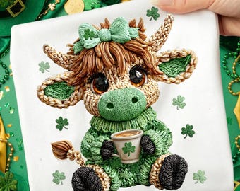 Faux Yarn Highland Cow Png, Chunky Crochet Clover Cow Png, Preppy St Patricks Lucky Cow Png, Green Shamrock Highland Cow Png, Cozy Knit Png