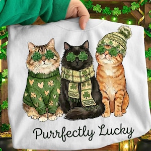 Purrfectly Lucky Cat PNG, St Patricks Shamrock Cat PNG, Cozy Sweater Green Lucky Cats Png, Preppy St Patricks Day Png, Cat Irish Clover Png