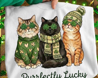 Purrfectly Lucky Cat PNG, St Patricks Shamrock Cat PNG, Cozy Sweater Green Lucky Cats Png, Preppy St Patricks Day Png, Cat Irish Clover Png
