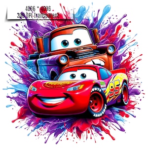 Puede incluir: Un coche de carreras rojo de dibujos animados con una gran sonrisa y el número 95 en el lateral, junto a un camión marrón con un parabrisas azul. Ambos coches están rodeados de salpicaduras de pintura de colores.