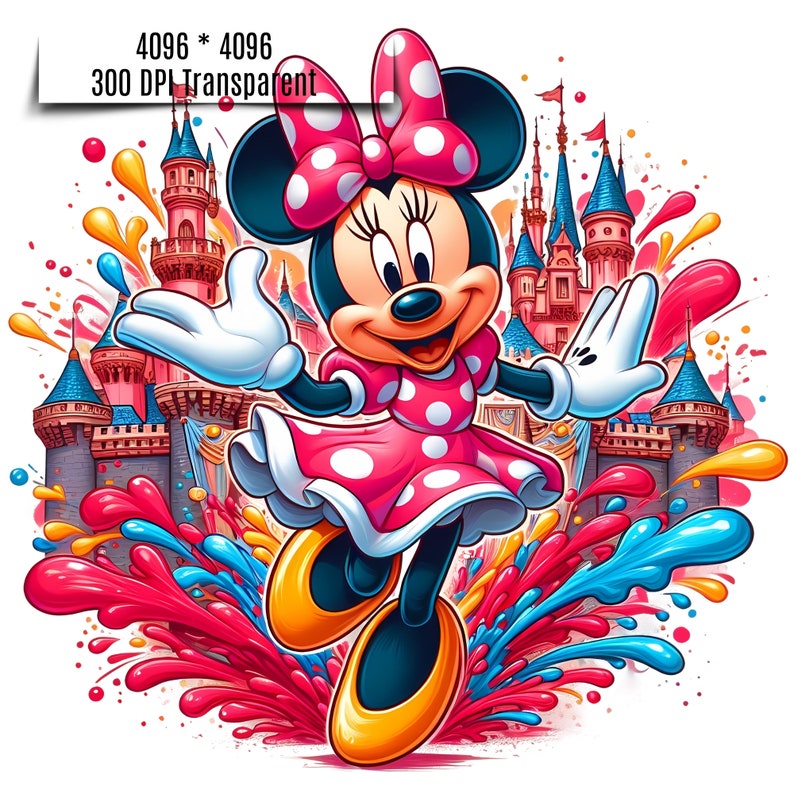 May include: A cartoon illustration of Minnie Mouse wearing a red and white polka dot dress and a red bow with white polka dots. She is standing in front of a pink and blue castle with colorful paint splatters around her.