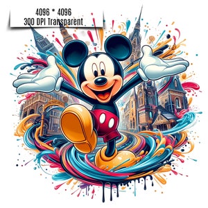 May include: Mickey Mouse, with a big smile, is standing on a colorful swirl of paint. He is wearing his signature red shorts and yellow shoes. The background is a cityscape with buildings and colorful paint splatters.