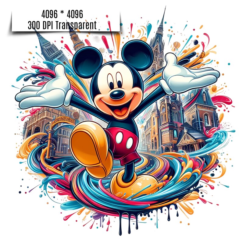 May include: Mickey Mouse, with a big smile, is standing on a colorful swirl of paint. He is wearing his signature red shorts and yellow shoes. The background is a cityscape with buildings and colorful paint splatters.