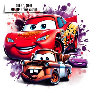 May include: A red cartoon race car with the number 95 on the side, a brown tow truck with a white stripe, and a purple cartoon car. The cars are on a background of purple and red paint splatters.