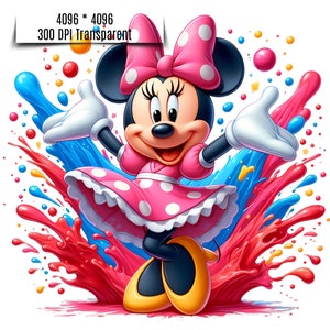 May include: A cartoon illustration of Minnie Mouse wearing a pink polka dot dress and a pink bow. She is standing in a colorful splash of red, blue, and yellow paint.