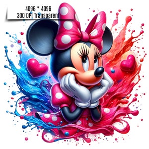 May include: A cartoon illustration of a red and white polka dot dress with a pink bow on top of the head. The character is surrounded by blue and red paint splatters.