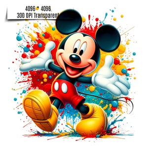 May include: Mickey Mouse cartoon character with big, bright yellow shoes, red shorts, and black gloves, standing in a colorful splatter paint background.