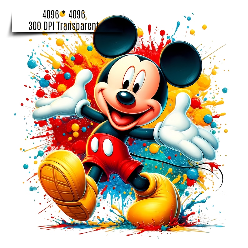 May include: Mickey Mouse cartoon character with big, bright yellow shoes, red shorts, and black gloves, standing in a colorful splatter paint background.