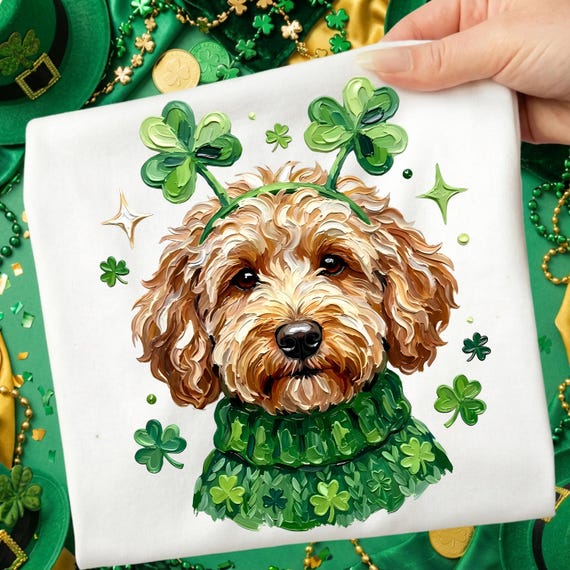 St Patricks Goldendoodle Dog Png, Lucky Shamrock Clover Dog Png, Green Patricks Doodle Png, Irish Clover Pup Png, St Pattys Lucky Dog Png