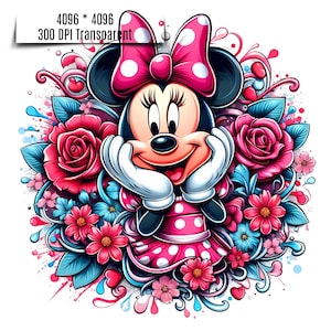 May include: A cartoon illustration of Minnie Mouse with a pink and white polka dot dress, a pink bow with white polka dots, and a big smile. She is surrounded by pink, red, and blue flowers.