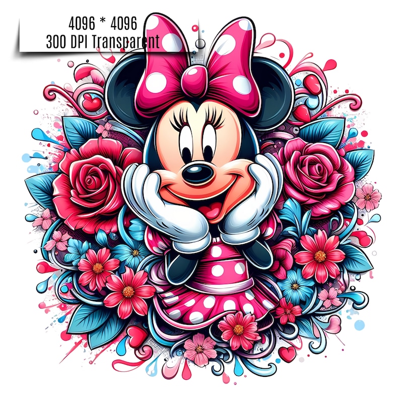 May include: A cartoon illustration of Minnie Mouse with a pink and white polka dot dress, a pink bow with white polka dots, and a big smile. She is surrounded by pink, red, and blue flowers.