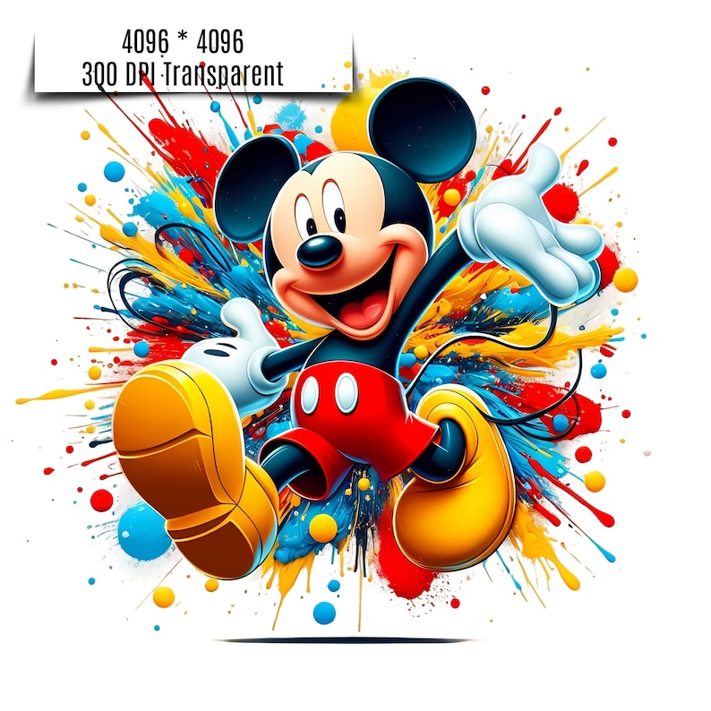 May include: Mickey Mouse cartoon character with a big smile, wearing red shorts with white polka dots, against a colorful background of yellow, blue, red, and white paint splatters.