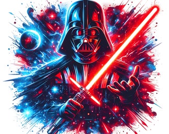 May include: A digital illustration of Darth Vader from Star Wars holding a red lightsaber. The background is a blue and red nebula with stars and lightning.
