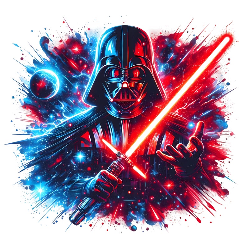 May include: A digital illustration of Darth Vader from Star Wars holding a red lightsaber. The background is a blue and red nebula with stars and lightning.