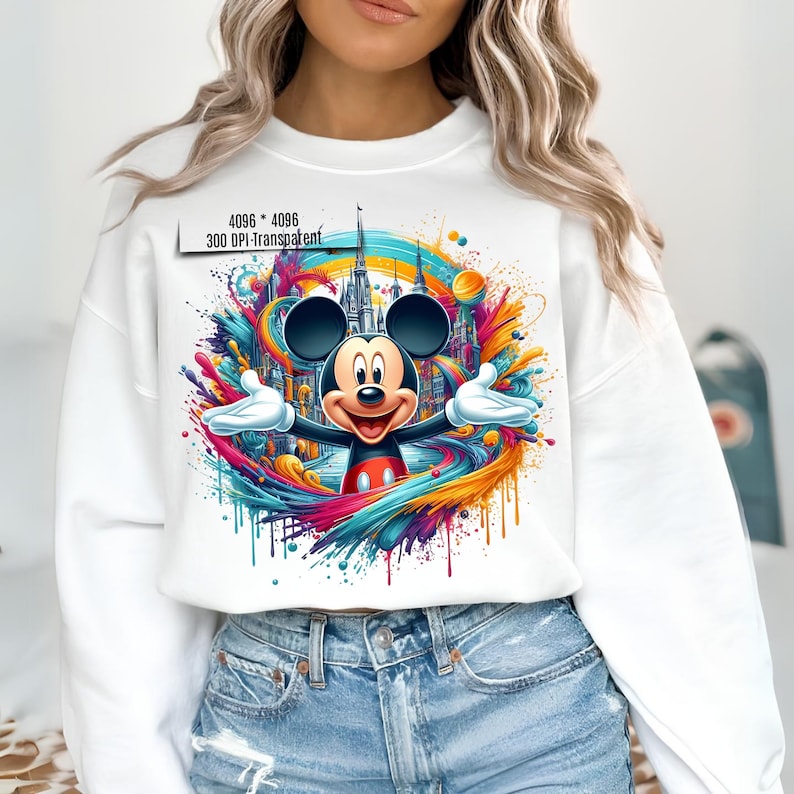 May include: White sweatshirt with a colorful graphic of Mickey Mouse in front of a castle. The graphic includes splashes of paint in shades of blue, yellow, orange, pink, and purple.