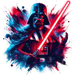 May include: A digital art illustration of Darth Vader from Star Wars. He is holding a red lightsaber in his right hand and his left hand is raised. The background is a dark blue and red abstract design.