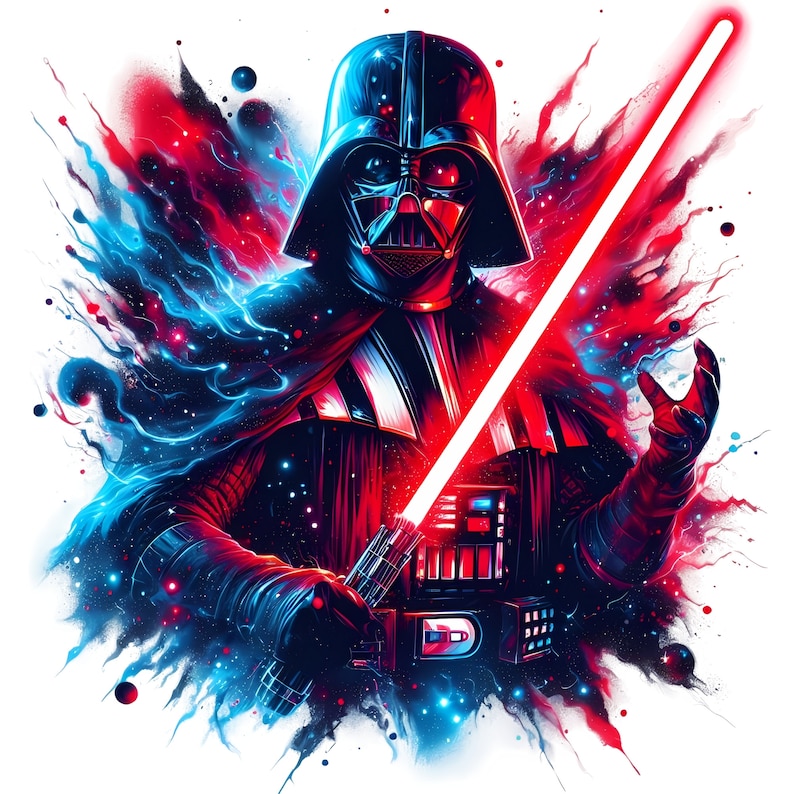 May include: A digital art illustration of Darth Vader from Star Wars. He is holding a red lightsaber in his right hand and his left hand is raised. The background is a dark blue and red abstract design.