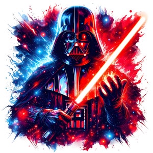 May include: A dark figure with a black helmet and red eyes, holding a red lightsaber. The figure is surrounded by a red and blue nebula with stars.