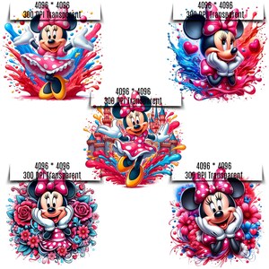 May include: Four digital illustrations of Mickey Mouse in different poses. Mickey Mouse is wearing a red dress with white polka dots and a red bow. The background of each image is a colorful splatter of paint.