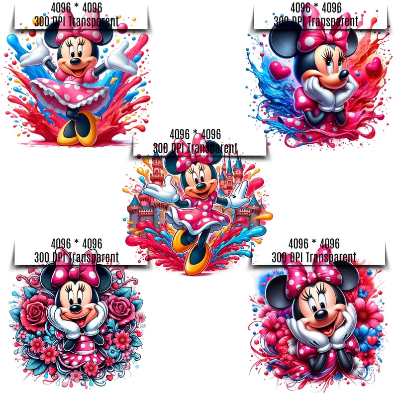 May include: Four digital illustrations of Mickey Mouse in different poses. Mickey Mouse is wearing a red dress with white polka dots and a red bow. The background of each image is a colorful splatter of paint.