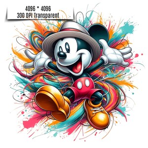 May include: A cartoon illustration of Mickey Mouse wearing a hat and sunglasses, with a colorful abstract background. Mickey Mouse is smiling and has his arms outstretched.