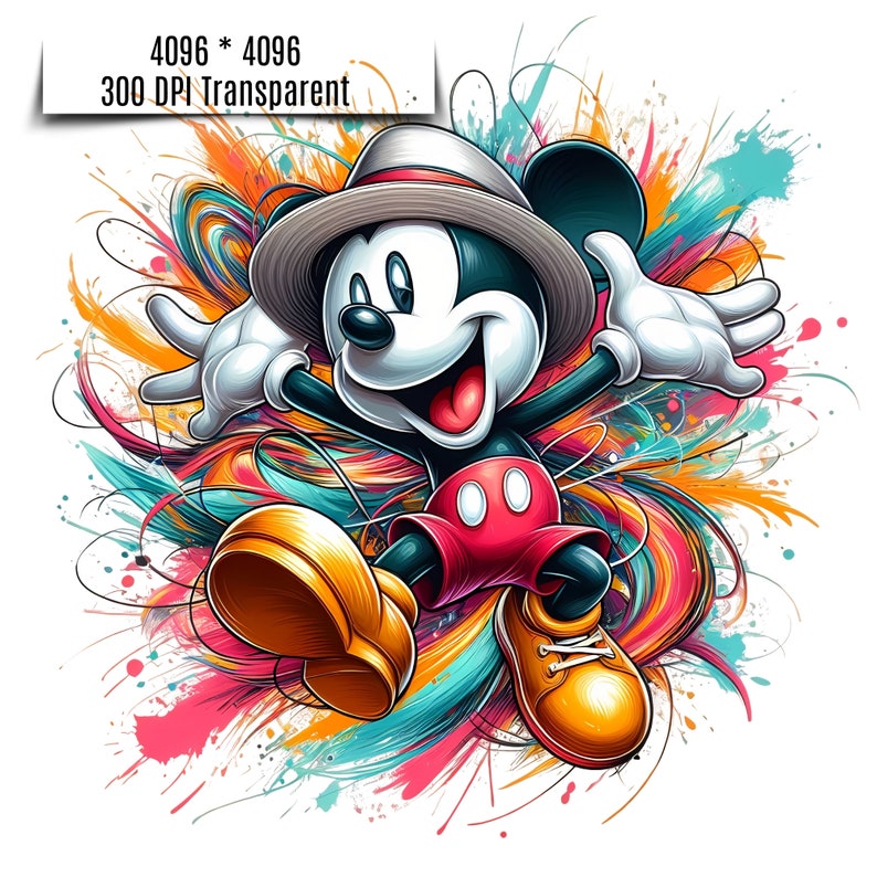 May include: A cartoon illustration of Mickey Mouse wearing a hat and sunglasses, with a colorful abstract background. Mickey Mouse is smiling and has his arms outstretched.