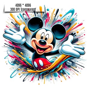 May include: Mickey Mouse cartoon character with a big smile, wearing red shorts with white circles, against a colorful background of paint splatters.