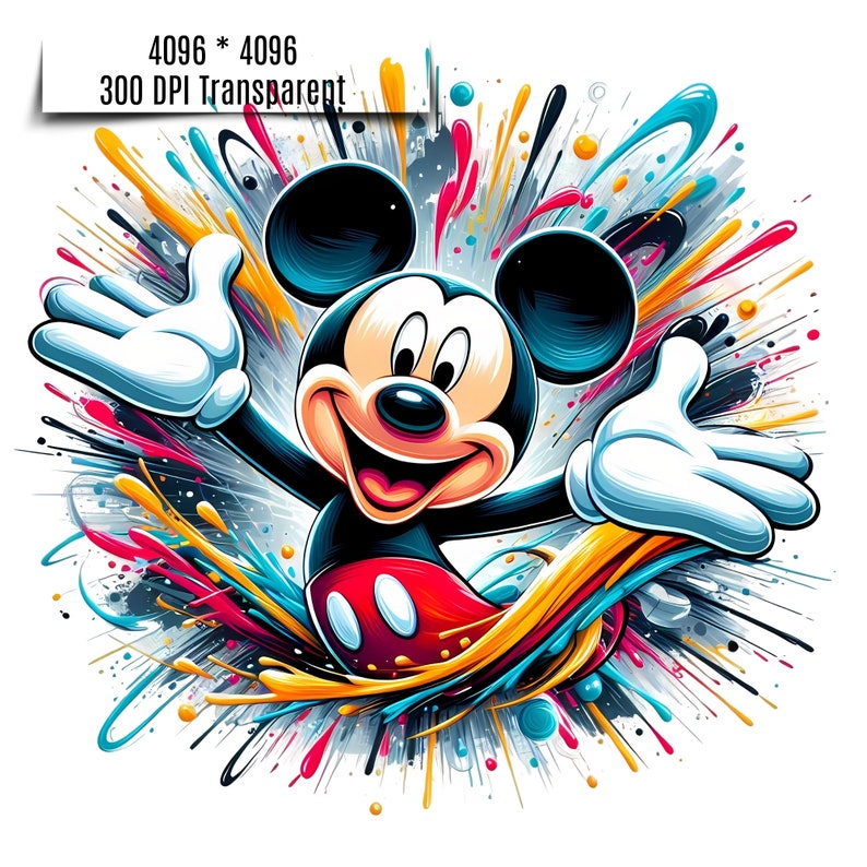 May include: Mickey Mouse cartoon character with a big smile, wearing red shorts with white circles, against a colorful background of paint splatters.