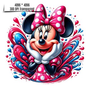 Puede incluir: Una vibrante ilustraci&oacute;n de Minnie Mouse con un lazo y vestido de lunares rosas, enmarcada por salpicaduras art&iacute;sticas rojas y azules. Minnie sonr&iacute;e, con las manos bajo la barbilla. La imagen incluye el texto "4096 * 4096 300 DPI Transparent".
