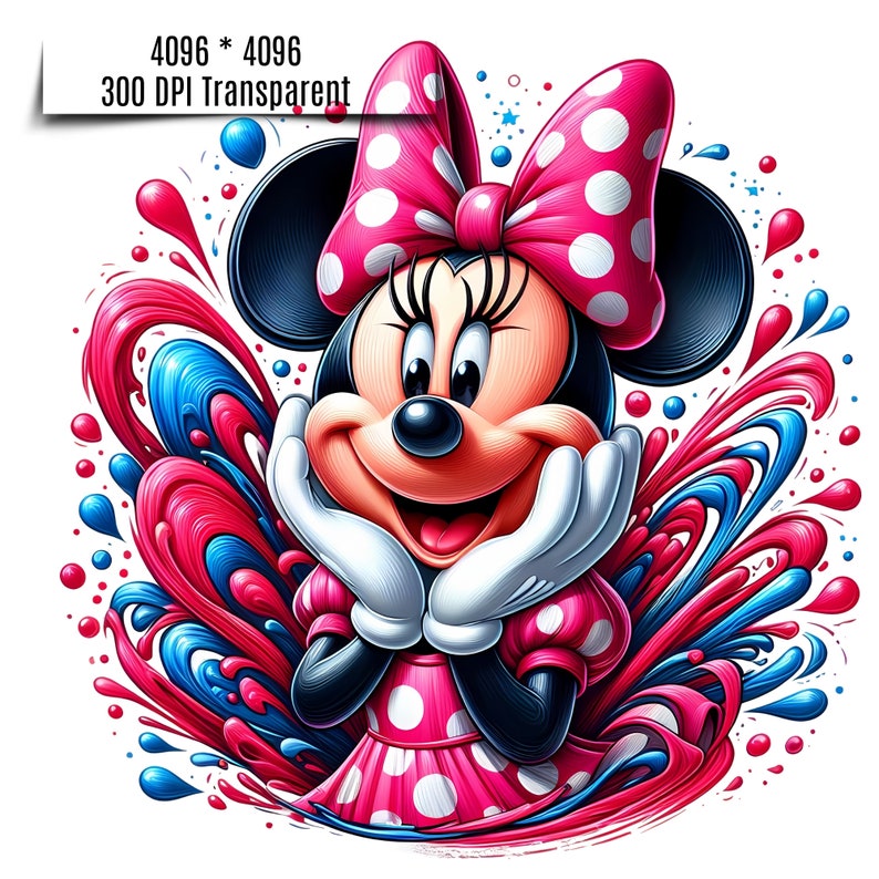 Puede incluir: Una vibrante ilustraci&oacute;n de Minnie Mouse con un lazo y vestido de lunares rosas, enmarcada por salpicaduras art&iacute;sticas rojas y azules. Minnie sonr&iacute;e, con las manos bajo la barbilla. La imagen incluye el texto "4096 * 4096 300 DPI Transparent".