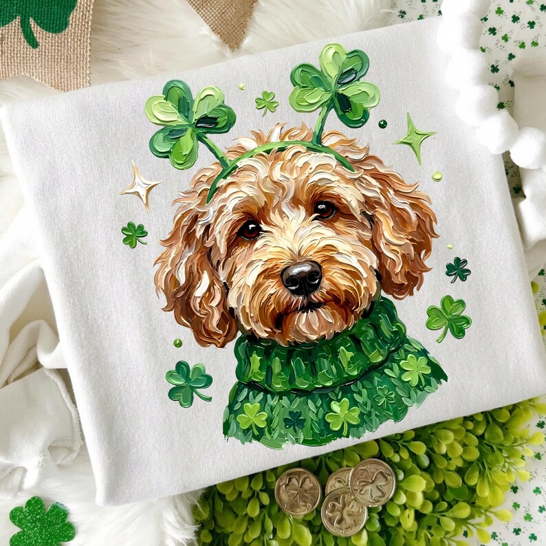 St Patricks Goldendoodle Dog Png, Lucky Shamrock Clover Dog Png, Green Patricks Doodle Png, Irish Clover Pup Png, St Pattys Lucky Dog Png image 5