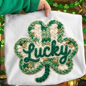 St Patricks Day Lucky Yarn png, Faux Stickad Shamrock Klöver png, Mysig St Patricks Day Lucky Patchwork Garn Klöver png, Retro Grön Charm png