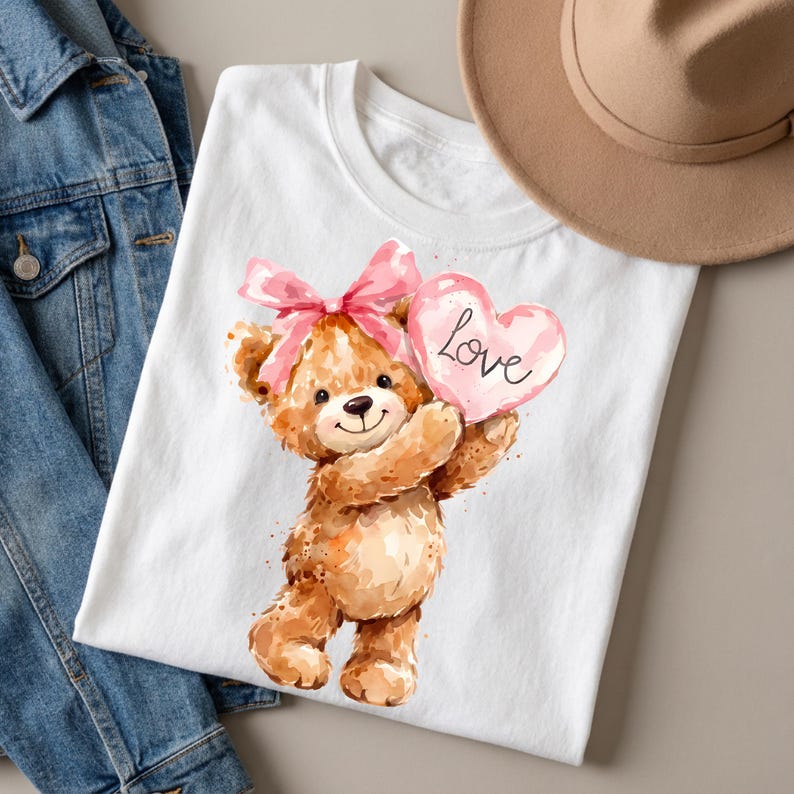 May include: White t-shirt featuring a watercolor illustration of a teddy bear holding a pink heart with the word "Love" on it. The teddy bear has a pink bow and is surrounded by watercolor paint splatters. A denim jacket and a brown hat are in the background.