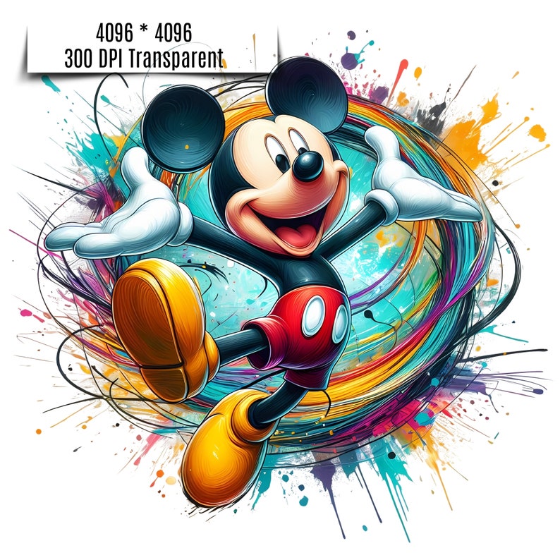 May include: Mickey Mouse cartoon character with a big smile, wearing red shorts with white circles, against a colorful background of abstract lines and paint splatters.