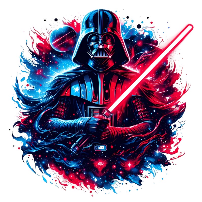 May include: A digital illustration of Darth Vader from Star Wars, with a red lightsaber, set against a blue and red galaxy background.