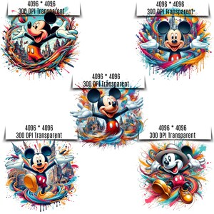 May include: Mickey Mouse cartoon character with a colorful background of paint splatters and a cityscape. The image is 4096 pixels by 4096 pixels and 300 DPI.