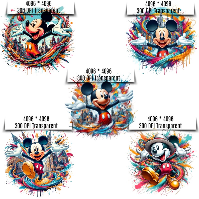 May include: Mickey Mouse cartoon character with a colorful background of paint splatters and a cityscape. The image is 4096 pixels by 4096 pixels and 300 DPI.