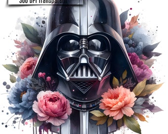 May include: A black Darth Vader helmet with a dark gray and silver chest plate is surrounded by pink, blue, and purple flowers. The flowers are painted in a watercolor style.