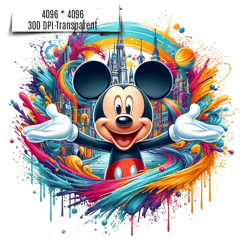 May include: Mickey Mouse smiles and waves with a colorful abstract background featuring a stylized depiction of a theme park.