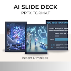 May include: An image of three slide decks with the text "AI SLIDE DECK PPTX FORMAT" at the top. The slides feature medical and scientific illustrations, with the words "REAL-WORLD HEALTHCARE" and "Instant Download".